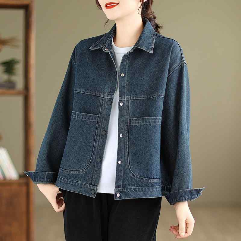 ジャケット レディース 秋冬 デニム ウォッシュ加工 ゆったり 翻襟 襟付き 長袖 ブルゾン アウター カジュアル 通勤用 普段使い