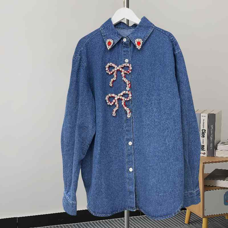 デニムジャケット レディース 春秋 ポロ襟 ゆったり 蝶結び かわいい オシャレ トップス デニム アウター Gジャン 通勤 カジュアル ブルー ネイビー系
