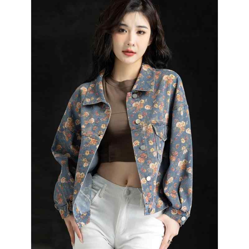 デニム ジャケット レディース 春物 ショート丈 トップス 小柄 女性 Gジャン アウター 長袖 コットン ブルー 花柄 通勤 きれいめ