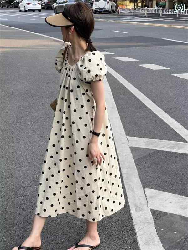ワンピース レディース 夏 春夏 フレンチ かわいい 甘め 杏 涼しい ポリエステル 短袖 丸首 中腰 傘型 中長丈 ゆったり ワイド 百搭 休日 通勤 デート 軽量 吸湿速乾 再生繊維 セットアップ 単品