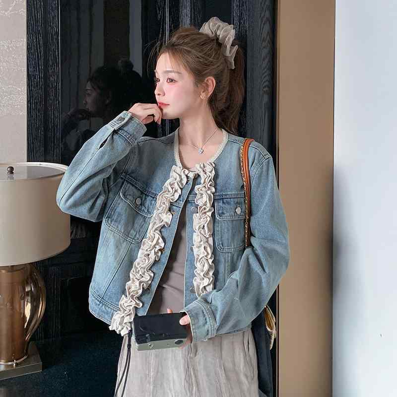 デニムジャケット レディース 春秋 ショート丈 Gジャン ウォッシュ加工 レトロ フリル 長袖 アウター トップス ブルー S M L XL