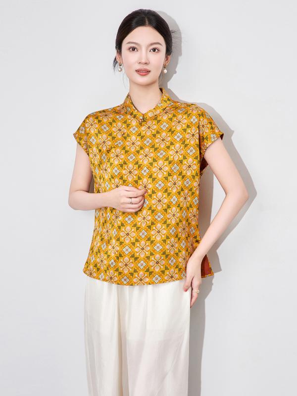 シャツ レディース 新中式スタイル 提花 香云? トップス 夏服 レトロ 文芸風 立襟 格子柄 半袖 カットソー ゆったり 黄色 粘・屬?? 接触冷感
