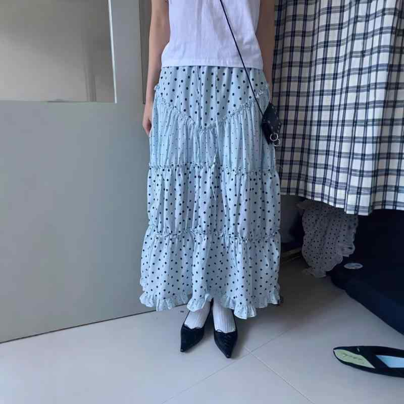 スカート レディース 春夏 ミントグリーン 水玉 ドット柄 フリル 切り替え ロングスカート ポリエステル 普段使い かわいい 韓国ファッション