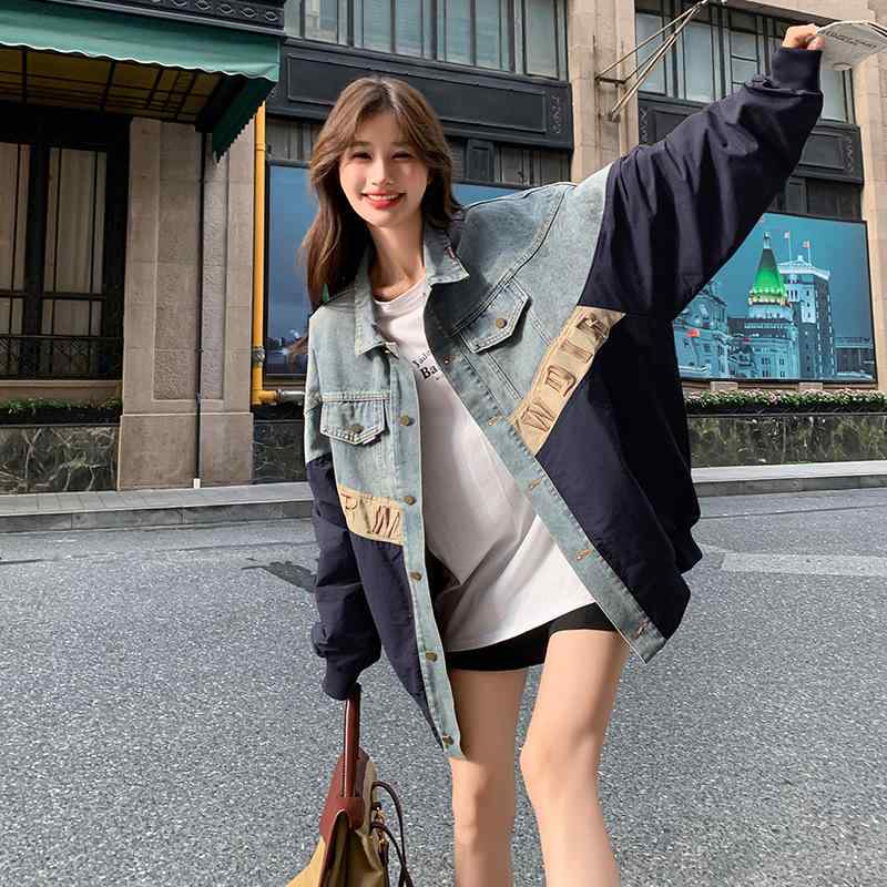 ジャケット レディース デニム 切り替え アウター 春秋 美品 レトロ デザイン アルファベット 刺・墸 ゆったり 長袖 POLO襟 ストリート カジュアル 蔵青色 カーキ色