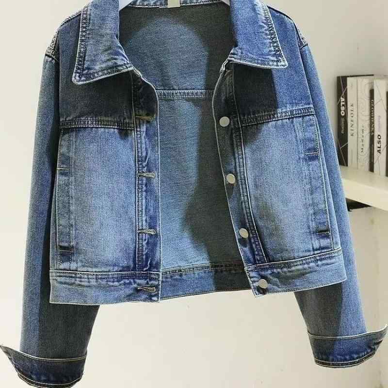 ジャケット レディース 小柄 ヴィンテージ風 ブルー デニム/綿 アウター Gジャン ポロネック ドロップショルダー ゆったり 長袖