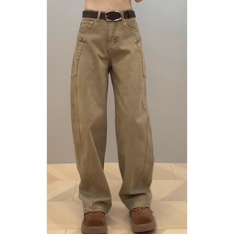 ワイドパンツ デニム 梨形身材 スリム 秋 女性 ロングパンツ 太め 大きいサイズ 曲線 ローラーパンツ 低身長 高腰 綿 素材 中厚 通勤 気質 快適 休? ジッパー ボタン 多ポケット ・柑其 色