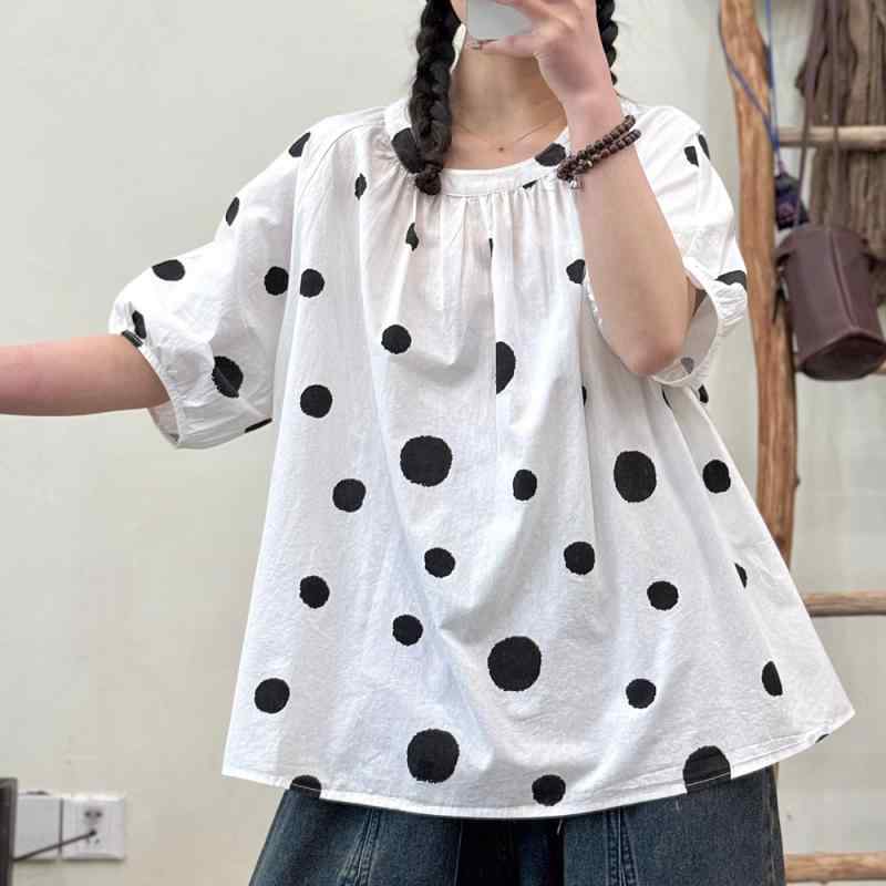 シャツ レディース トップス 水玉模様 コットン 半袖 原宿風 ゆったり ラウンドネック ドット柄 ランタンスリーブ ブラウス(x3)