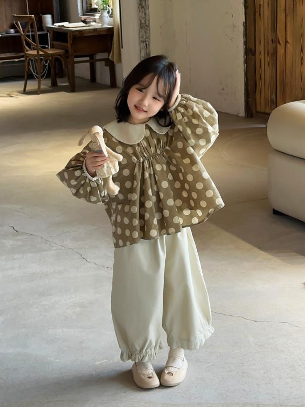 子供服 シャツ 女の子 長袖 丸襟 ドット柄 リネン ゆったり かわいい 森ガール 春秋