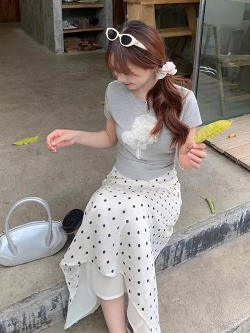 スカート レディース 波点 Aラインスカート ミモレ丈 ポリエステル コットン 切り替え 裏地付き 通勤 杏色波点 かわいい きれいめ フェミニン