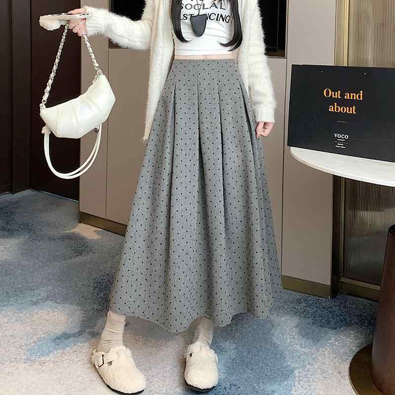 スカート レディース 秋冬 高見え Aラインスカート ひざ丈 ウール混紡 ドット柄 切り替え ハイウエスト 痩せ見え 通勤 オフィス カジュアル グレー ブラック