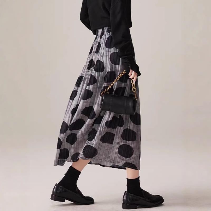スカート レディース 春夏 波点 Aライン ミモレ丈 皺 伸縮性 ポリエステル 通勤 灰色