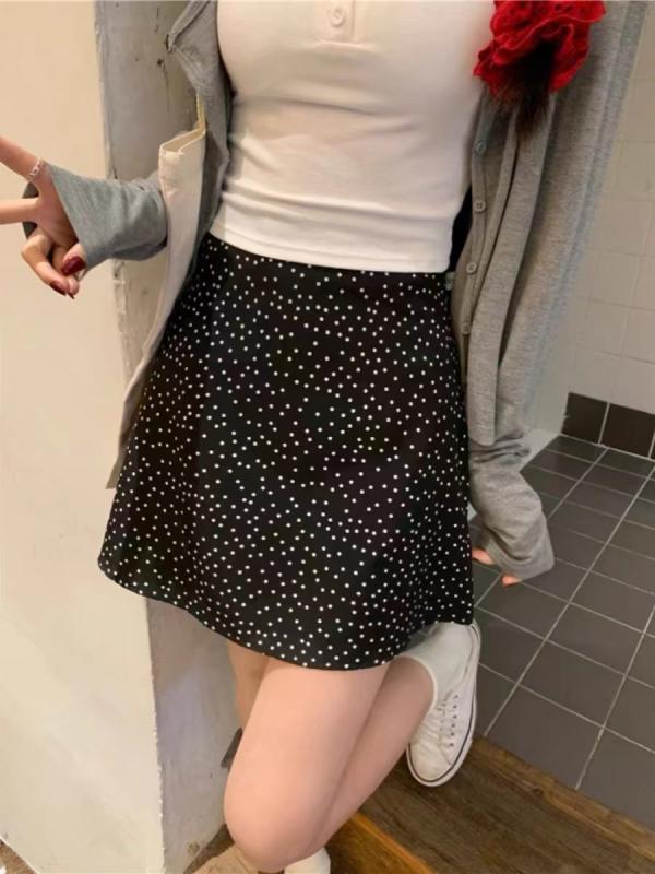 スカート レディース 春夏 高見え Aラインスカート 水玉 かわいい ガーリー 高見え ウエストゴム 裏地付き コットン ブラック ドット柄 ミニスカート