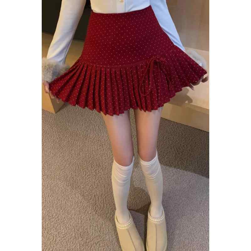 スカート レディース 春秋 韓国風 ハイウエスト プリーツ ミニスカート 小柄 美脚 レッド ブラック ブルー グレー