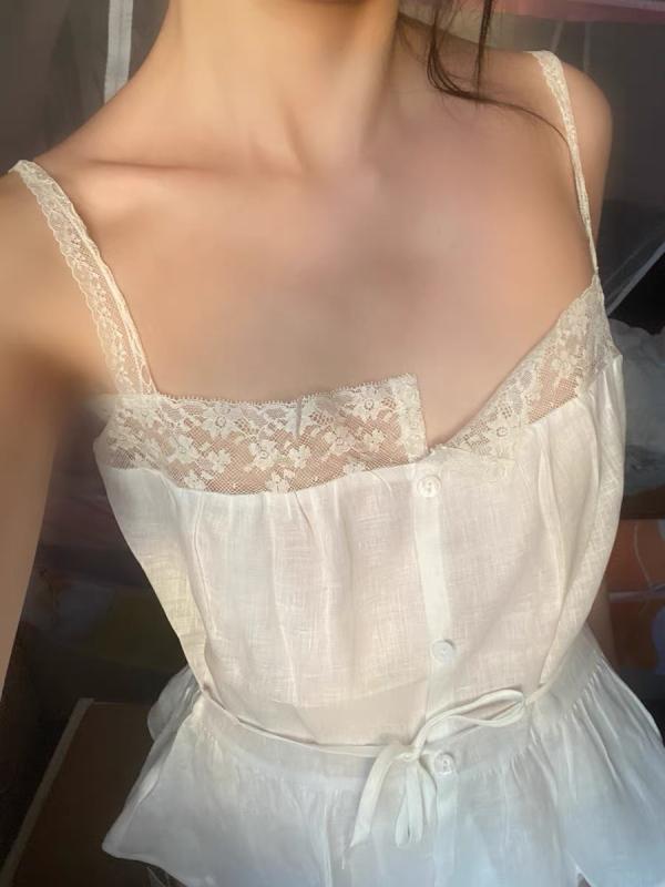 トップス レディース フレンチ レース 麻 リネン 吊り tops 亜麻 オフショルダー チューブトップ インナー 無地 S M L 6,254円