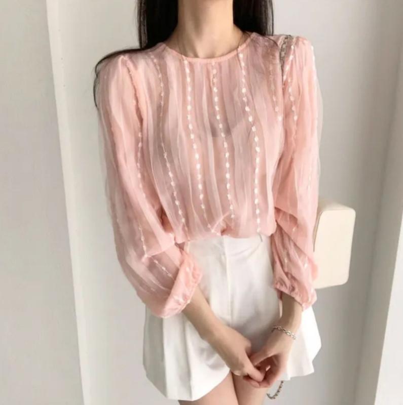 シャツ レディース 春夏 長袖 丸首 波点柄 レース ランタンスリーブ ゆったり ポリエステル 杏色 ピンク系 フェミニン かわいい トップス