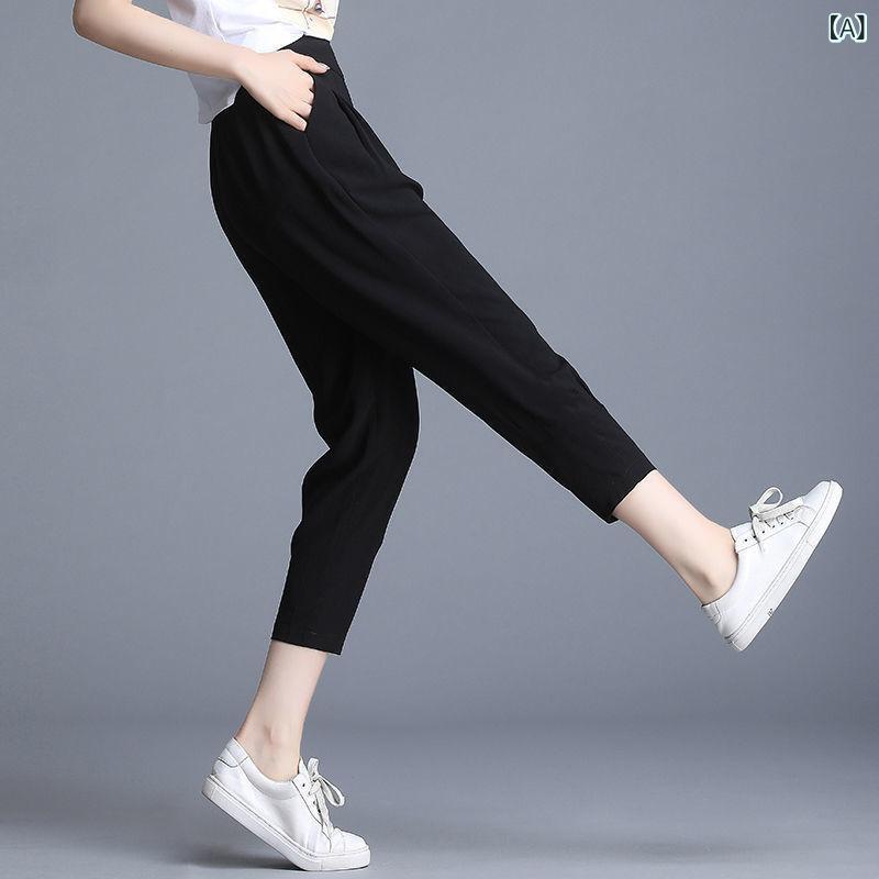 レディース 七分パンツ ハーレムパンツ 薄手 ハイウエスト 黒 梨型 細脚 ロングパンツ ナイロン素材 口袋付き 通勤 都市スタイル 気質 カジュアル 普段使い 軽量 シンプル スタイリッシュ ブラック ローブパンツ ゆったり フィット 膝下丈 夏向け