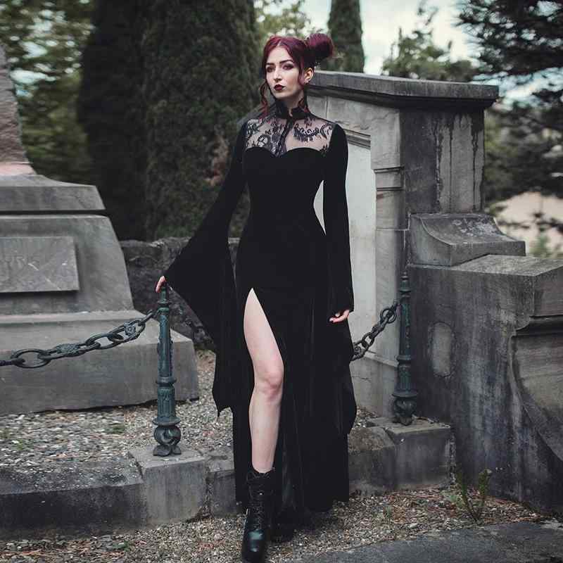 ワンピース レディース ハロウィン コスプレ 魔女 セクシー スリット ロングドレス 欧米風 レース ワーク 普段使い パーティー 高見え おしゃれ 長袖 ベルスリーブ ポリエステル アセテート ブラック