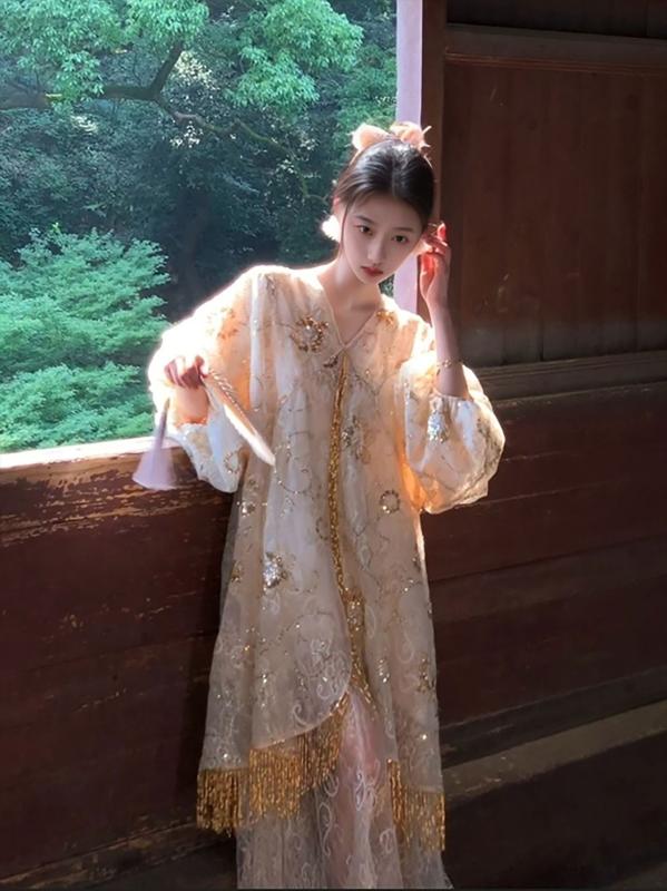 衣装 レディース スピード競技 刺・墸 ゆったり V素っ首 長袖 ロング丈 高腰 ポリエステル 花柄 杏色 中国風 読みもの返り咲き