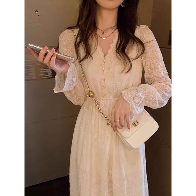 ワンピース レディース 秋冬 法式 白 仙女 姫袖 Vネック レース 切り替え チュール スカート 杏色 甘め かわいい 長袖 ロングワンピース 内着 通勤 デート