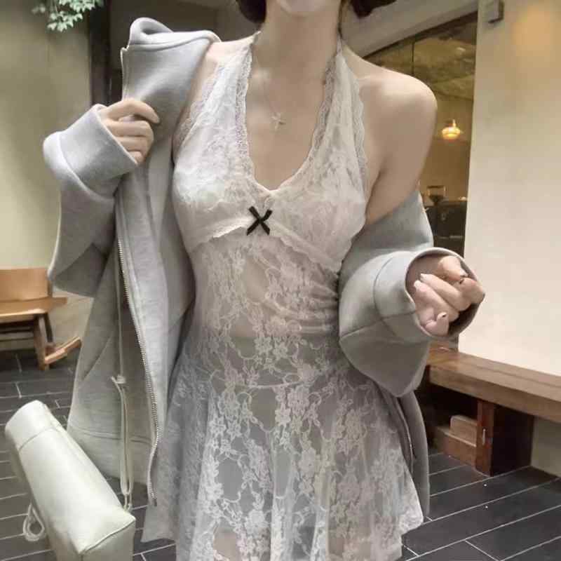 ワンピース レディース 吊り下げネック ノースリーブ 膝丈 チュールレース ポリエステル Vネック 薄手 伸縮性 普段使い パーティー 春秋