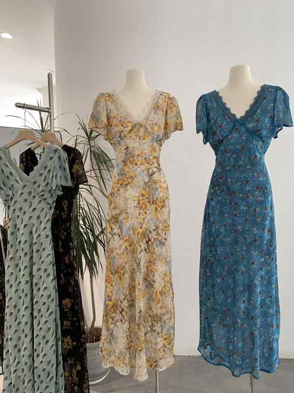 ワンピース レディース Vネック 半袖 花柄 シフォン Aライン ロング丈 高見え ウエスト切り替え ゆったり 私服 お呼ばれ 花柄 黒 ブラック系 緑 グリーン系 黄 イエロー系 青 ブルー系