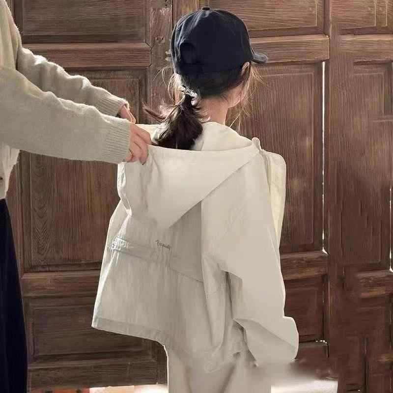 キッズ 女の子 フーディー 韓風 ゆったり 長袖 長丈 軽量 薄手 接触冷感 ポリエステル 無地 春 春夏 丸首 フード付き ジッパー ラフ トレンド 米色 ピーチ アイボリー 日常使い 学校着 遊び着