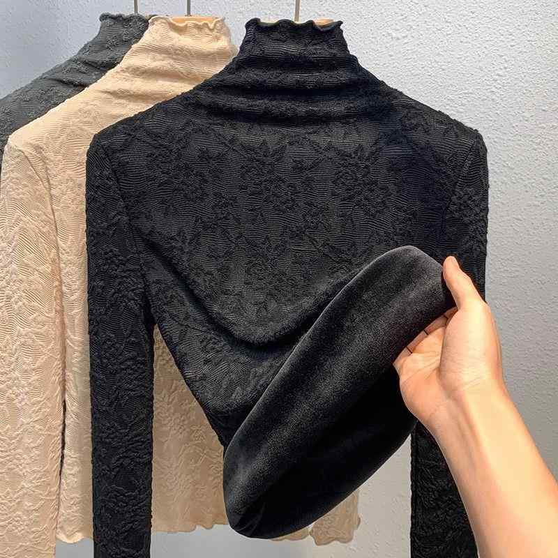 Tシャツ レディース 大きいサイズ 裏起毛 レース インナー 秋冬 保温性 暖か あったか ニットソー トップス カットソー 無地 長袖 ハイネック ストレッチ 伸縮性 プルオーバー オフィス デート エレガント 上品 きれいめ 高見え フェミニン