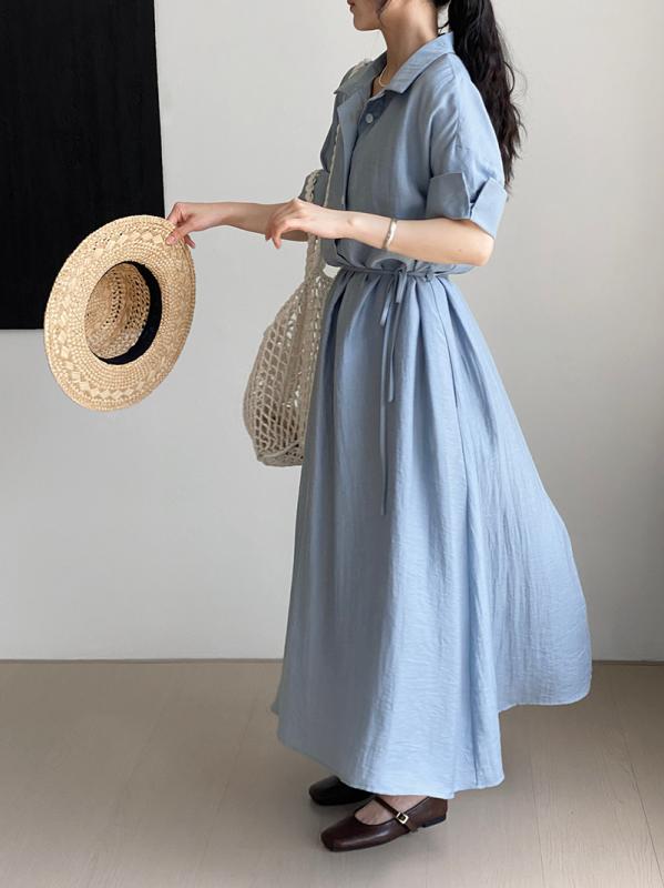 ワンピース 女性用 ゆったり麻 ワンピースドレス 翻領 紐リボン ウエスト切り替え Aライン ロング丈 五分袖 接触冷感 吸湿速乾 軽量 通気性 夏用 春夏 ブルー グレーグリーン かわいい 気質 優雅 日韓スタイル カジュアル
