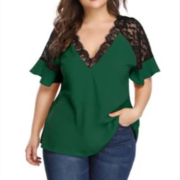 Tシャツ レディース 春夏 Vネック 半袖 ゆったりサイズ トップス レース 切り替え 無地 ポリエステル ブラック グリーン パープル レッド イエロー ピンク ブルー 快適 普段使い