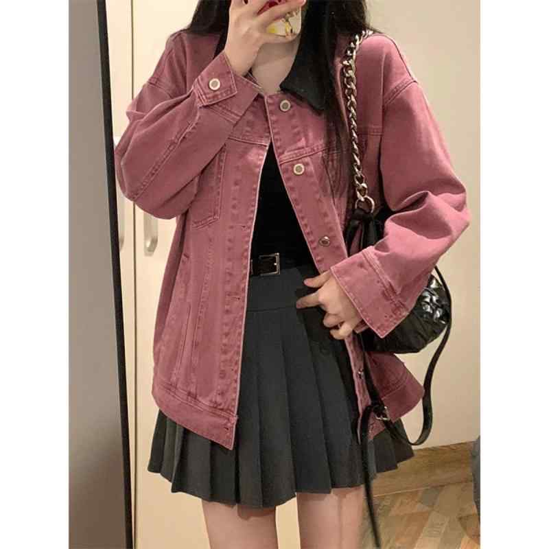 レディース 牛仔ジャケット デニム コート トップス 春夏 早春 復古 ビンテージ ちび 女性用 小柄 かわいい シャツ 長袖 ポロカラー 単排ボタン 日韓 韓国風 トレンド ファッション 接触冷感 綿素材 軽量 伸縮性 ピンク系 樹莓 ラズベリー カラ