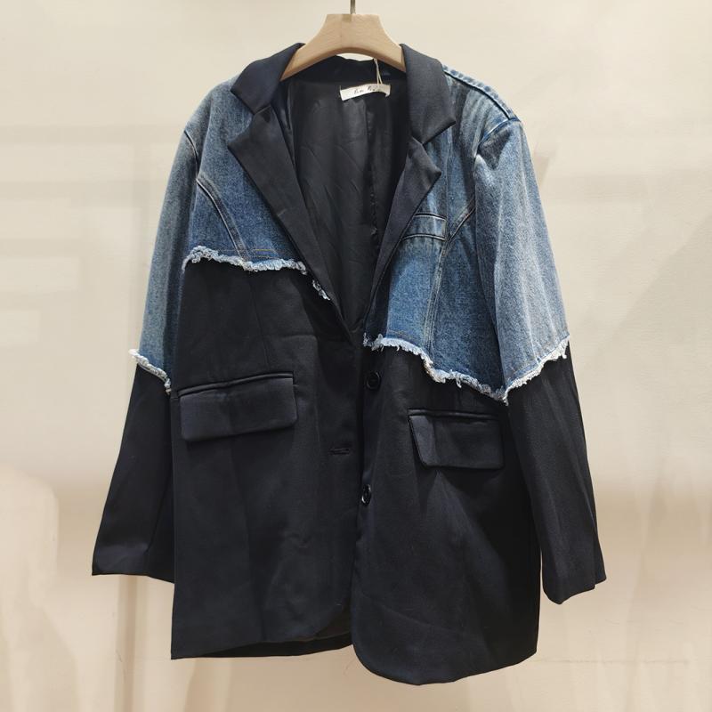 レディース ジャケット コート 春夏 秋冬 韓国風 ラペル シングルブレスト ボタン 不規則 切り替え デニム ワイド ルーズ 中長 ロングコート 外套 長袖 ミドル厚 酢酸繊維 ポリエステル 3D柄 ゆったりシルエット ポケット ステッチ 加工 ブラッ