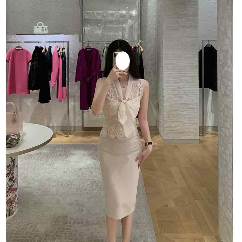 シャツ レディース ノースリーブ レース Vネック ポリエステル チュール フェミニン ガーリー かわいい おしゃれ スリム XS S M L 米杏 春夏