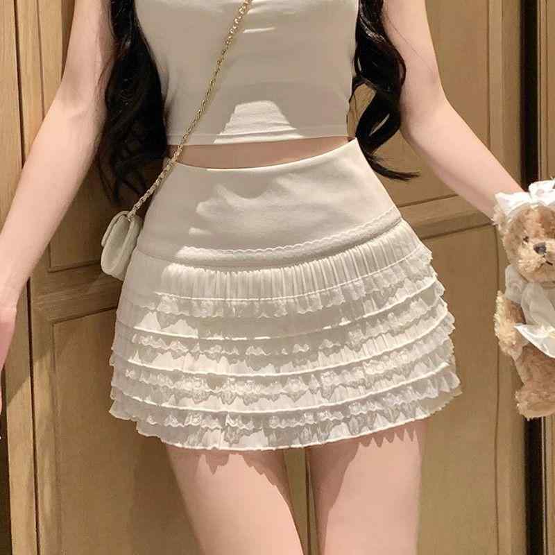 スカート レディース 韓国風 白色 レース 包臀 ハイウエスト プリーツ ギャザー Aライン ミニスカート 春夏 かわいい きれいめ 通勤 オフィス