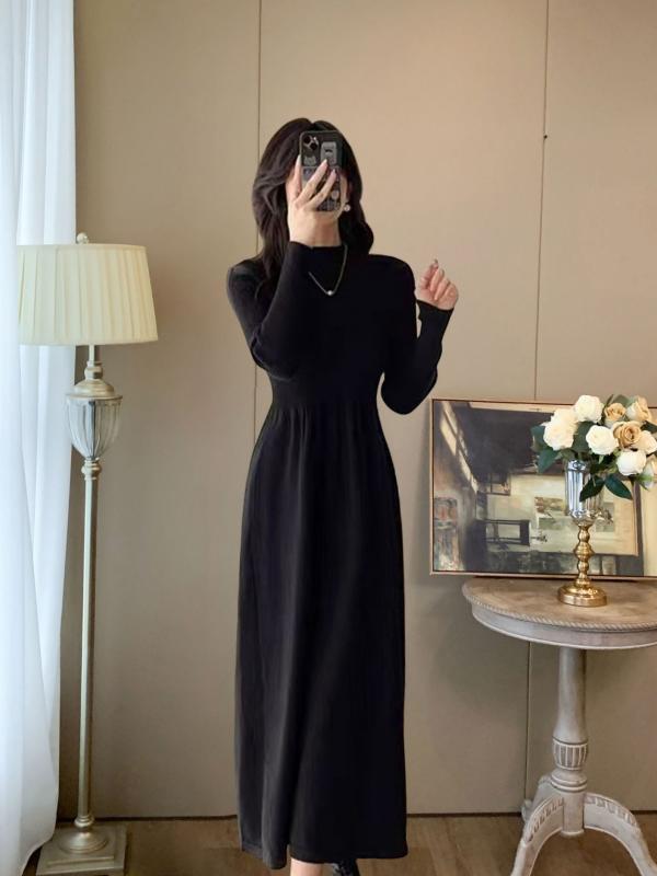 秋冬 ニット ワンピース ドレス 女性用 気質 通勤 単品 Aライン スカート 丸首 長袖 中腰 黒 粘膠繊維 純色 シンプル 韓国風 収腰 スリム ミドルレングス コート コーデ トップス スカート 単体 セットなし 優雅 風
