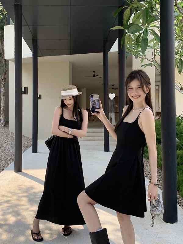 ワンピース 女性用 夏 吊り紐 後ろ背中紐 スリムフィット スリム効果 ロング丈 Aライン ミニ丈 黒 ハイウエスト 無袖 接触冷感 粘膠繊維 吸湿速乾 軽量 日韓カジュアル セットオン 純色 単品