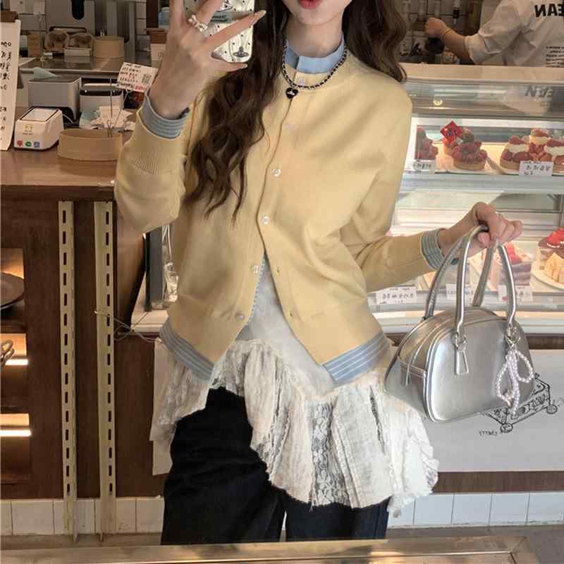 カーディガン 女性用 韓風 シンプル かわいい ゆったり フェイクツーピース ニット 開き 春物 セーター トップス 外套 切り替え アイスクリームカラー 黄色 長袖 丸首 ミドルゲージ 免・聞加工 コットン混 再生繊維 ゆったりシルエット ミドル丈 日韓