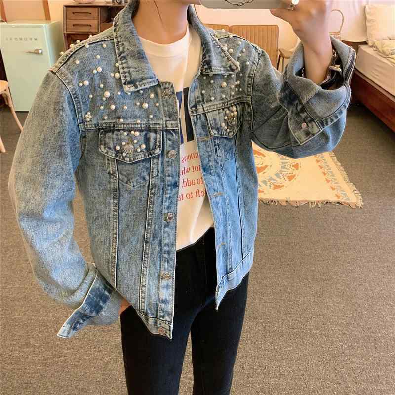 女性用 デニム ジャケット コート 春秋 トップス 修身シルエット 長袖 コットン ポリエステル 混合 素材 中厚手 普通丈 50-65cm バットスリーブ スタンドカラー スタッドビーズ 装飾 切り替え デザイン 甘め 清新 スタイル ストリート ファ