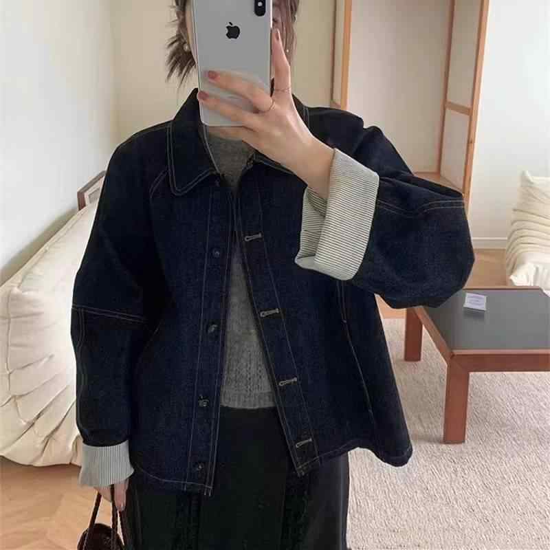 コート 女性用 長袖 ポロ襟 袖口 切り替え ストライプ ジッパー 牛仔 デニム 通勤 普段使い 都市 カジュアル 気質 秋冬 春秋 ファッション トップス ジャケット