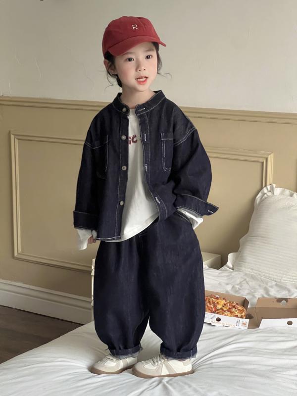 キッズ 男女兼用 牛仔服 セット トップス 長袖 ロングパンツ 復古 韓風 綿素材 伸縮性 軽量 春 秋冬 普段使い 部屋着 90-150cm 対応 ビッグシルエット デニム ストレート ブルー系 カジュアル(x3)