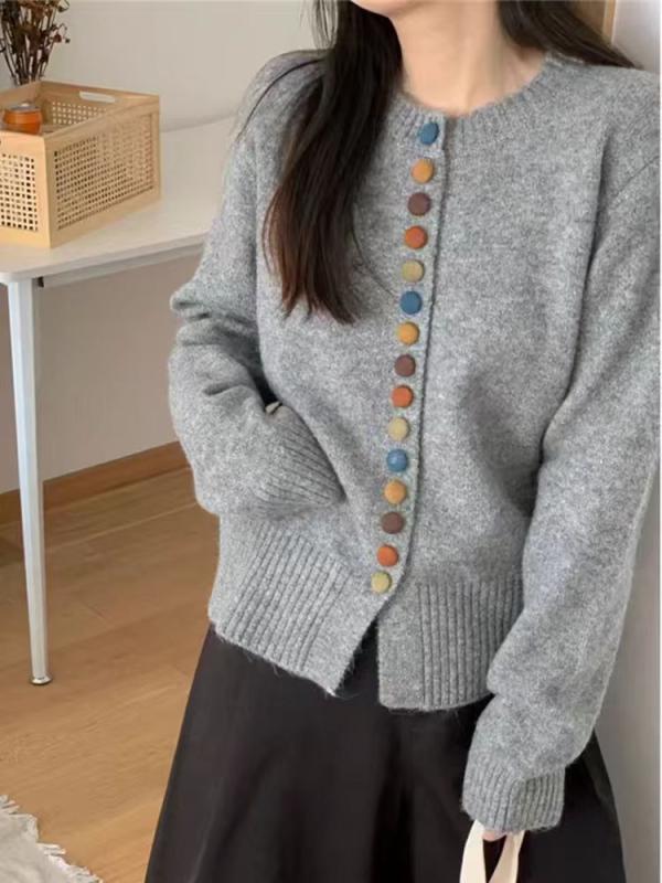 カーディガン レディース 春夏 韓国風 ラウンドネック ボタン ニット 長袖 ルーズフィット ミドルゲージ 浣熊毛混紡 単色 ライトグレー ダークグレー アイボリー レッド 日常使い 軽量 伸縮性 通勤 外出 カジュアル