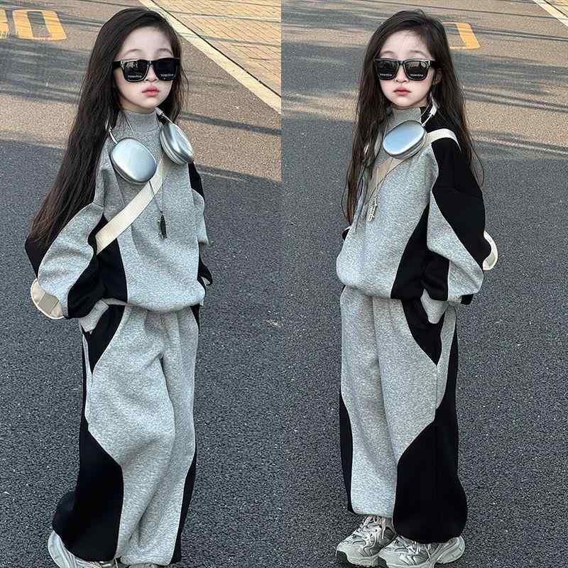 女児 トップス 長袖 長ズボン セット 春秋 黒灰色 綿混紡 ポリエステル 柔軟 薄手 韓国風 ピンステッチ 切り替え デザイン 運動 カジュアル 洋気 スタイル 日常 着用 セットアップ 長袖パンツ スーツ 女の子 服装 キッズ ウェア 春秋 シーズン