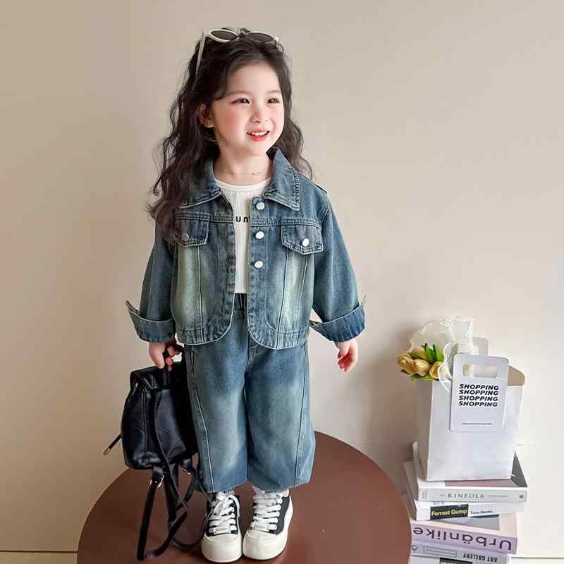 女児 牛仔 工装 セット 女の子 3～8歳 春秋 春夏 秋冬 長袖 長ズボン 綿 95% 柔らか素材 純色 韓系 カジュアル 普段使い 軽量 通学 遊び着 トップス パンツ 2点セット 接触冷感 伸縮性 ハイウエスト アイボリー ピンク系 ブラック