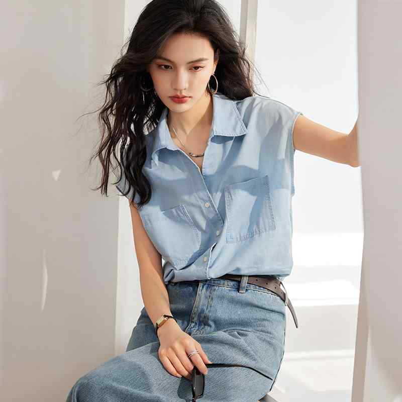 ノースリーブ トップス 女性用 夏 牛仔 接触冷感 綿 スパンデックス 切り替え 開襟 ボタン ゆったり デニム 無袖 シャツ 軽量 通勤 普段使い 韓国風 深藍 浅藍 春夏 吸湿速乾 ビッグシルエット Vネック