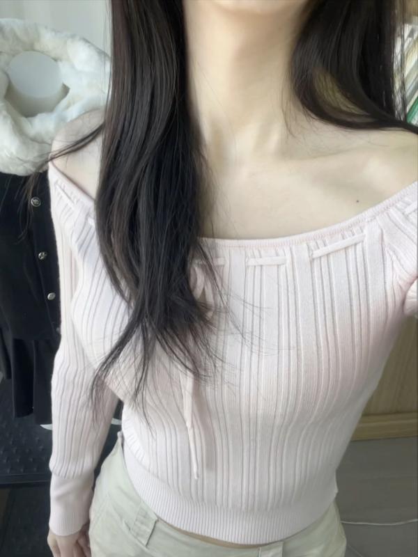 ニットトップス 成人女性用 純欲風 韓国表現スタイル 肩紐付き 一肩先 セットアップ 修身 長袖 編み物スウェーター 春夏 黒いこと 赤 サクラ色 中厚 綿混 吸湿速乾 伸縮性 軽さ 可愛らしい 普段使い走り 角袖巡査 短丈(x10)
