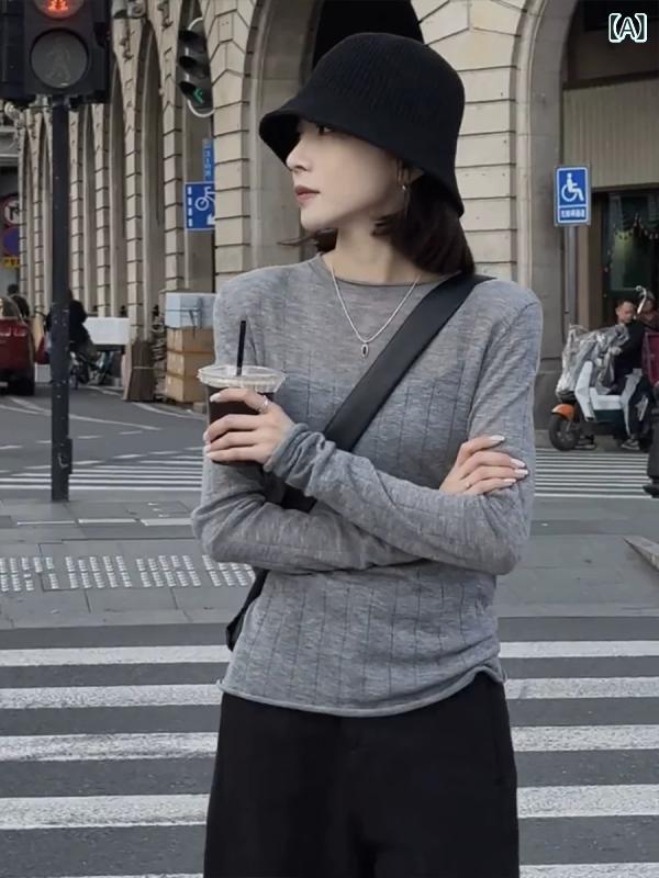 ニットトップス 女性用 春夏 薄手 羊毛 接触冷感 丸首 長袖 ゆったりシルエット 透け感 巻き縁 知性 通勤 普段使い グレー 軽量 伸縮性 吸湿速乾 再生繊維 スタイリッシュ レイヤード コスパ 高級感