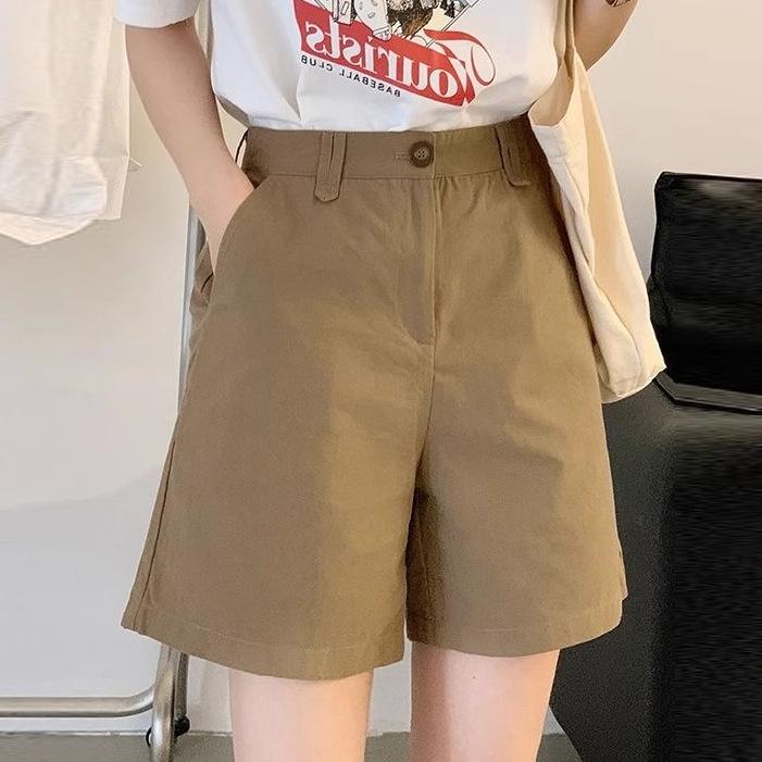 レディース ハーフパンツ 韓国風 日系 春夏 新作 薄手 西装パンツ 高腰 ストレート ワイドレッグ コットン リネン ストレッチ ポケット ポケット付き カジュアルパンツ クリーン スイート 学院風 微弾力 免?加工 ブラウン ブラック ミディアム厚