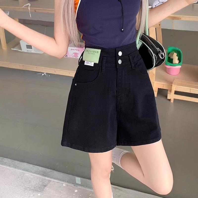 デニム ショーツ 女性用 夏 高腰 黒 綿 素材 薄手 軽量 快適 伸縮性 ゆったり ワイドレッグ Aライン 膝上丈 スリム 脚長効果 腹部カバー 日常使い カジュアル デイリー アクティブ