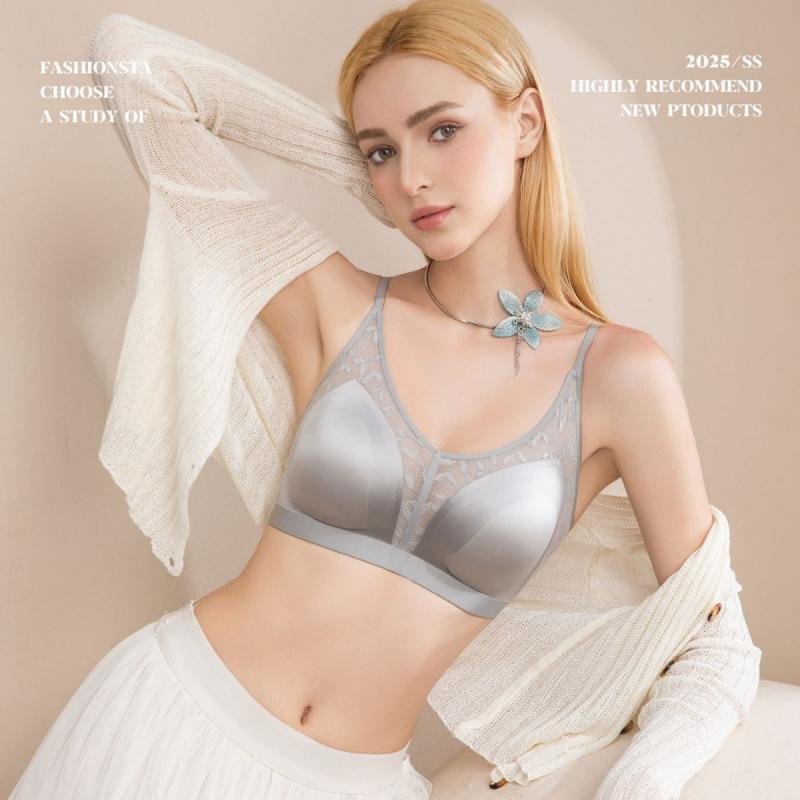 ブラ 女性用 無鋼ブラジャー ワイヤレス 透気性 接触冷感 ニット素材 超薄カップ ガーター肩紐 後ろ三列フック 谷間強調 サイド補正 美背 無痕 黒 肌色 アイボリー シルバー シンプルカジュアル 2025春夏 青年向け(x10)