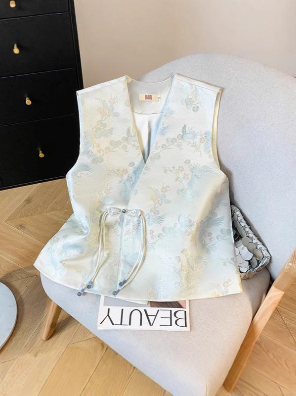 レディース 春夏 馬甲 キャミソール トップス 盤ボタン Vネック 花柄 刺繍 光沢サテン ショート丈 開衫 復古 民族風 軽量 吸湿速乾 ポリエステル 綿混紡 ブラック ピンク系 アイボリー 普段使い 通勤 部屋着 カジュアル ハイウエスト ビッグシル