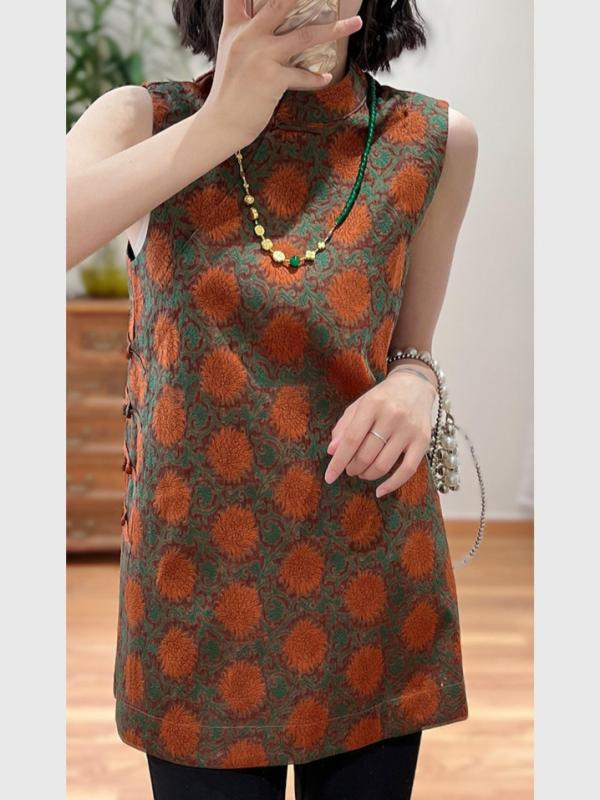 チャイナドレス 女性用 橘色 花柄 無袖 シャツ 中丈 夏用 斜め襟 盤ボタン 切り替え 直筒 立襟 セットイン 植物 花 復古 気質 優雅 綾織り ポリエステル 再生繊維 軽量 通気性 吸湿速乾 普段使い カジュアル トップス ブラウス キャミソール
